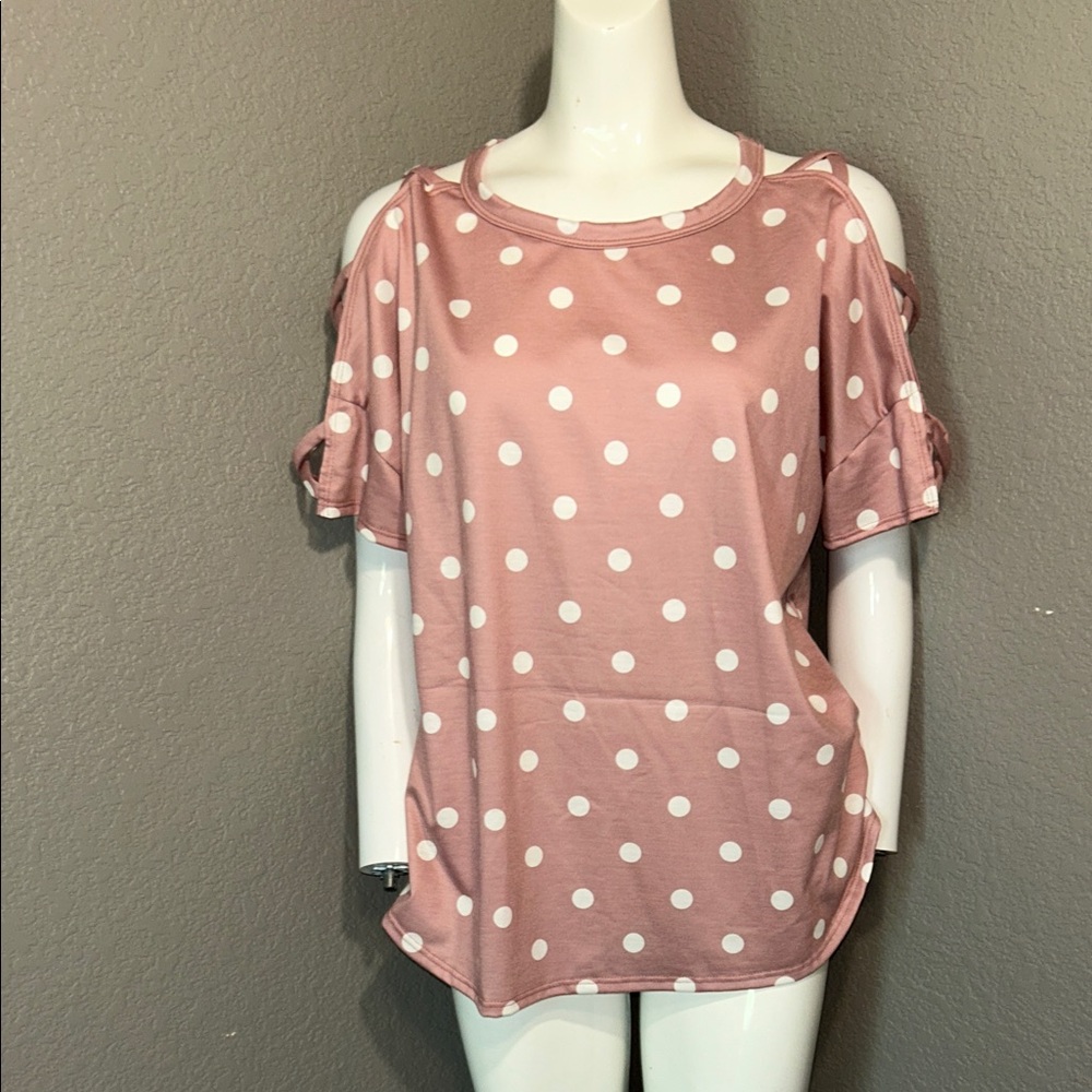 Fantastic Fawn Blush Polka Dot Cold Shoulder Tee